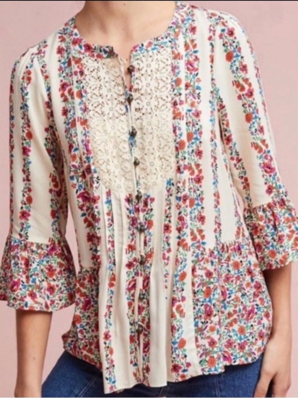 Anthropologie Maeve Hiver Floral Peasant Blouse Size 4 Ivory Boho Romantic Lace
